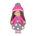 Cute girl doll with long brunette hair in a knitted pink hat and a handbag in gray polka dot dress